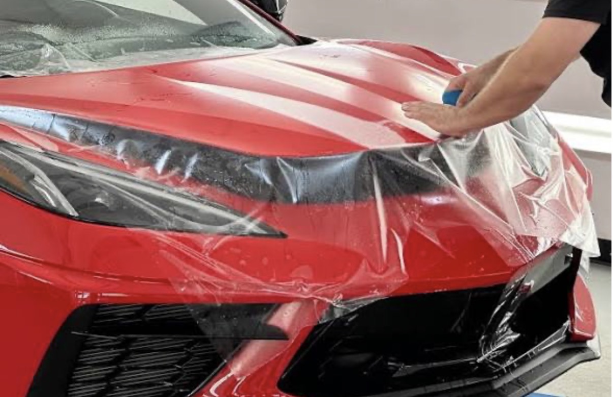 PPF applied to a red Corvette hood and front end