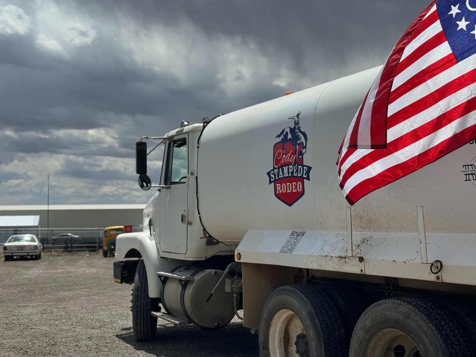 Cody Stampede Rodeo logo decal on white tanker truck